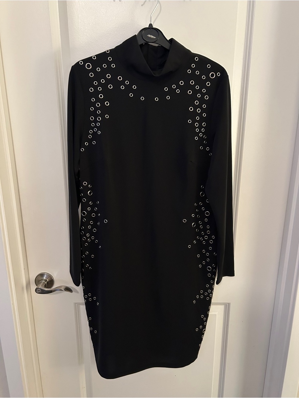 Wallis Black Long-Sleeve Dress with Silver Eyelet Detail